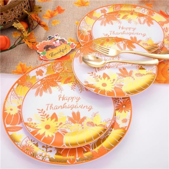 150Pcs Thanksgiving Plastic Plates, Dinnerware Sets with Maple Leaf Design - Picture 4 of 6